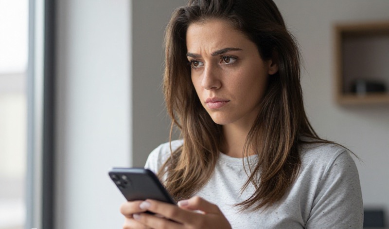 Una giovane donna italiana guarda con cautela lo smartphone, espressione riflessiva, ambiente moderno, luce naturale.