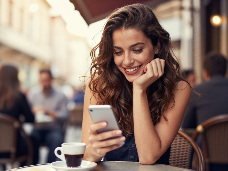 Giovane uomo sorridente che scrive un messaggio su un'app di incontri dal telefono seduto in un caffè soleggiato