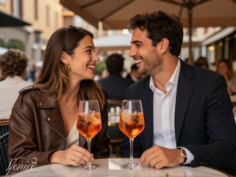 Coppia italiana sorridente al primo appuntamento in un bar all'aperto durante l'aperitivo, luce dorata del tramonto, atmosfera rilassata