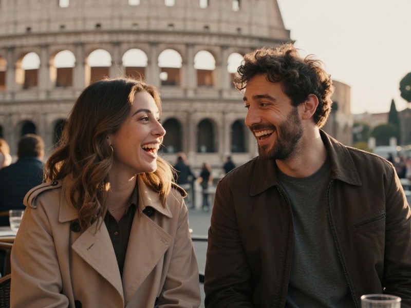 Uomo e donna italiani sui trent'anni, con stili visibilmente diversi, che ridono davanti a un caffè all'aperto in una piazza italiana, luce calda del tardo pomeriggio