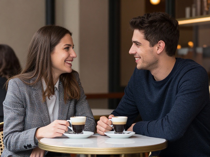 Coppia italiana seduta a un tavolino di un bar durante l'aperitivo, sorridono mentre conversano con naturalezza, luce calda del pomeriggio, atmosfera rilassata e complice