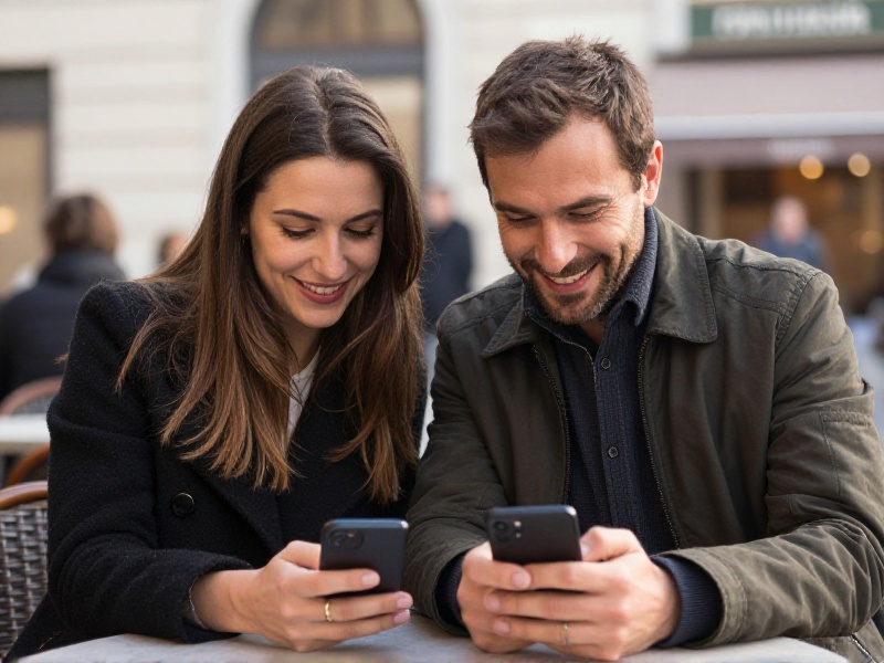 Coppia italiana di circa trent'anni seduta a un tavolo di un bar all'aperto a Milano durante un primo appuntamento, entrambi sorridenti e con i telefoni posati lontano, luce calda del pomeriggio