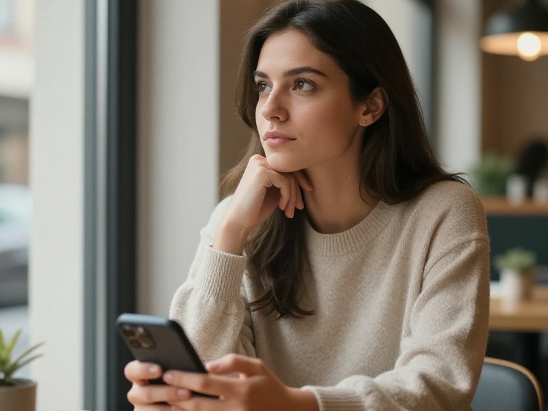 Giovane donna italiana che guarda pensierosa il suo smartphone seduta in un caffè accogliente, luce morbida del giorno che entra dalla finestra, atmosfera tranquilla e riflessiva