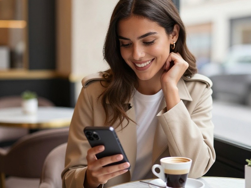 Una giovane coppia italiana seduta a un tavolino di un bar all'aperto in una piazza, sorridente mentre guarda lo smartphone insieme alla luce del pomeriggio