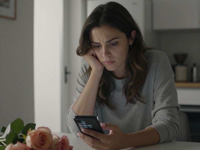 Una donna italiana sui trent'anni osserva pensierosa una raffica di messaggi sullo schermo del telefono, seduta al tavolo di un bar con luce naturale.