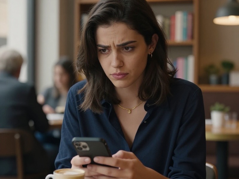 Una giovane donna con camicia blu guarda lo schermo del telefono con espressione scettica, seduta in un caffè con un cappuccino e una libreria sullo sfondo.