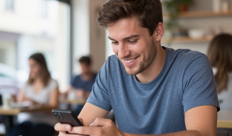 Una ragazza italiana sorride mentre legge il primo messaggio ricevuto su un'app di incontri, seduta in un caffè di Milano con un cappuccino sul tavolo