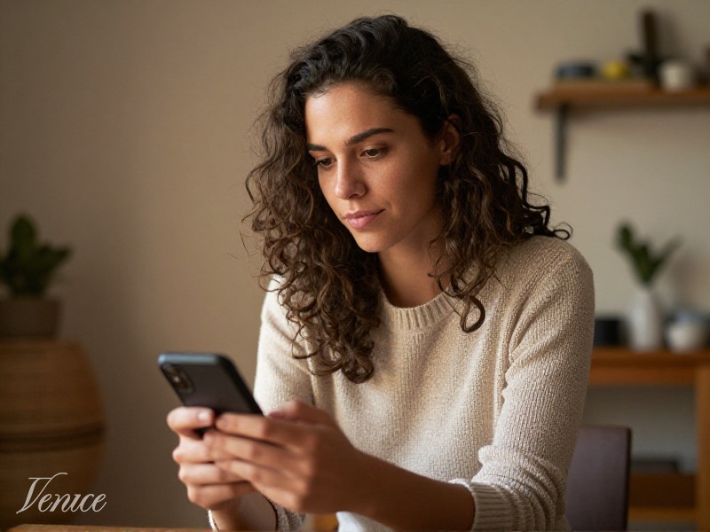 Giovane donna che usa lo smartphone con un'app di incontri seduta in un caffè luminoso, ambiente moderno, luce naturale del giorno