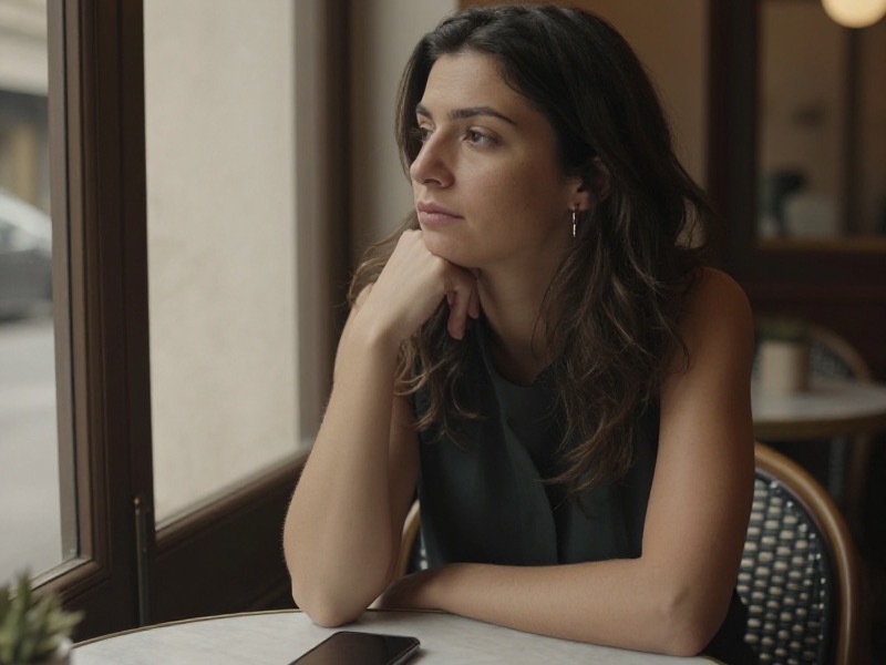 Una coppia italiana sui trent'anni seduta al tavolino di un bar a Milano: lei osserva lo schermo dello smartphone mentre lui aspetta una risposta con espressione attenta, luce naturale del tardo pomeriggio, stile fotorealistico.