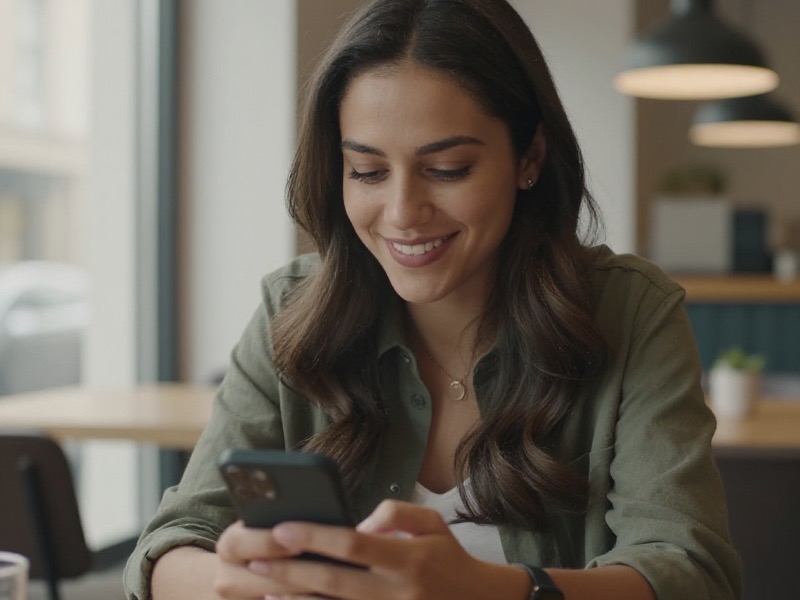 Una giovane donna italiana sorride mentre usa lo smartphone in un bar luminoso, schermata di chat visibile, atmosfera serena e rispettosa.