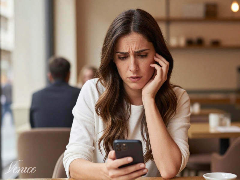 Donna italiana 35-40 anni a Milano consulta smartphone con espressione preoccupata, luce naturale del pomeriggio, fotorealistico